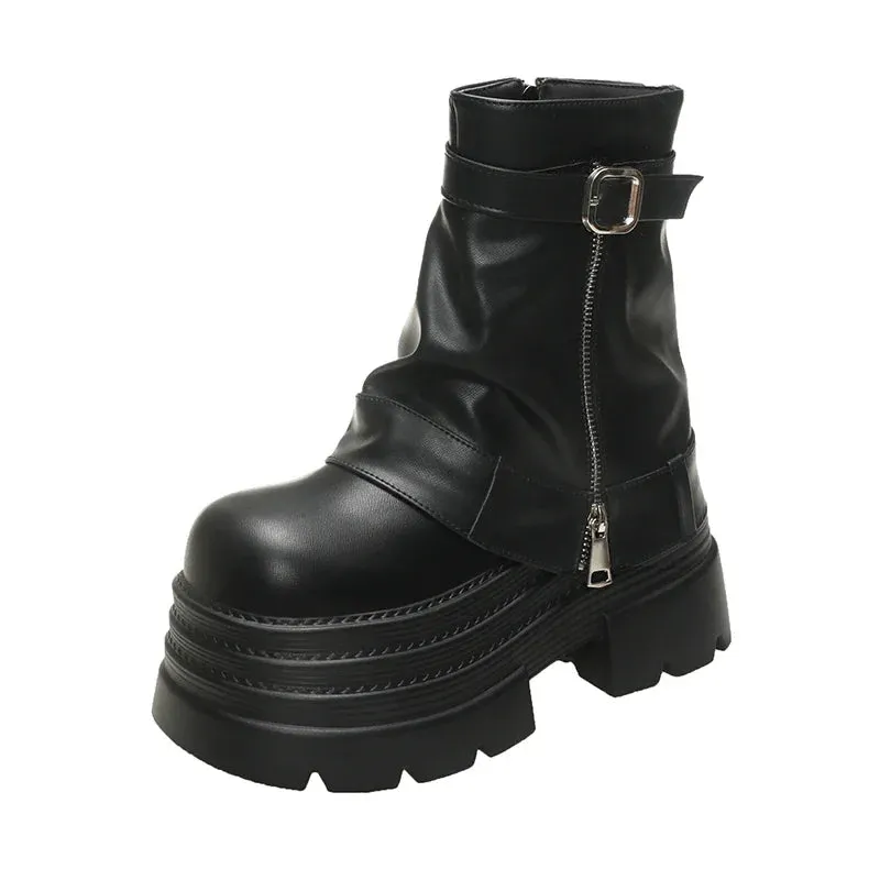 10CM Women's Autumn Winter Leather Ankle Boots Heels Chunky Platform Combat Boots New Non Slip Motorcycle Shoes Woman Punk Boots