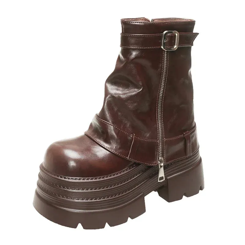 10CM Women's Autumn Winter Leather Ankle Boots Heels Chunky Platform Combat Boots New Non Slip Motorcycle Shoes Woman Punk Boots