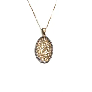 10K Yellow and White Gold Diamond Cut Oval Filigree Necklace