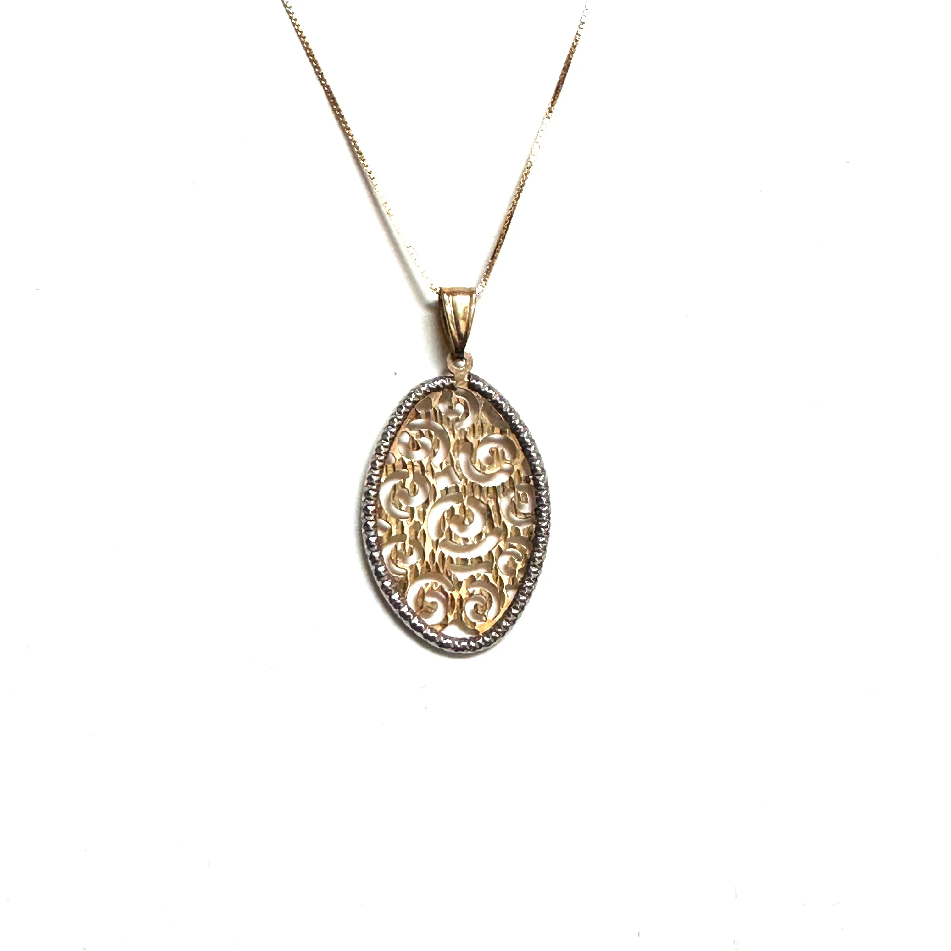 10K Yellow and White Gold Diamond Cut Oval Filigree Necklace