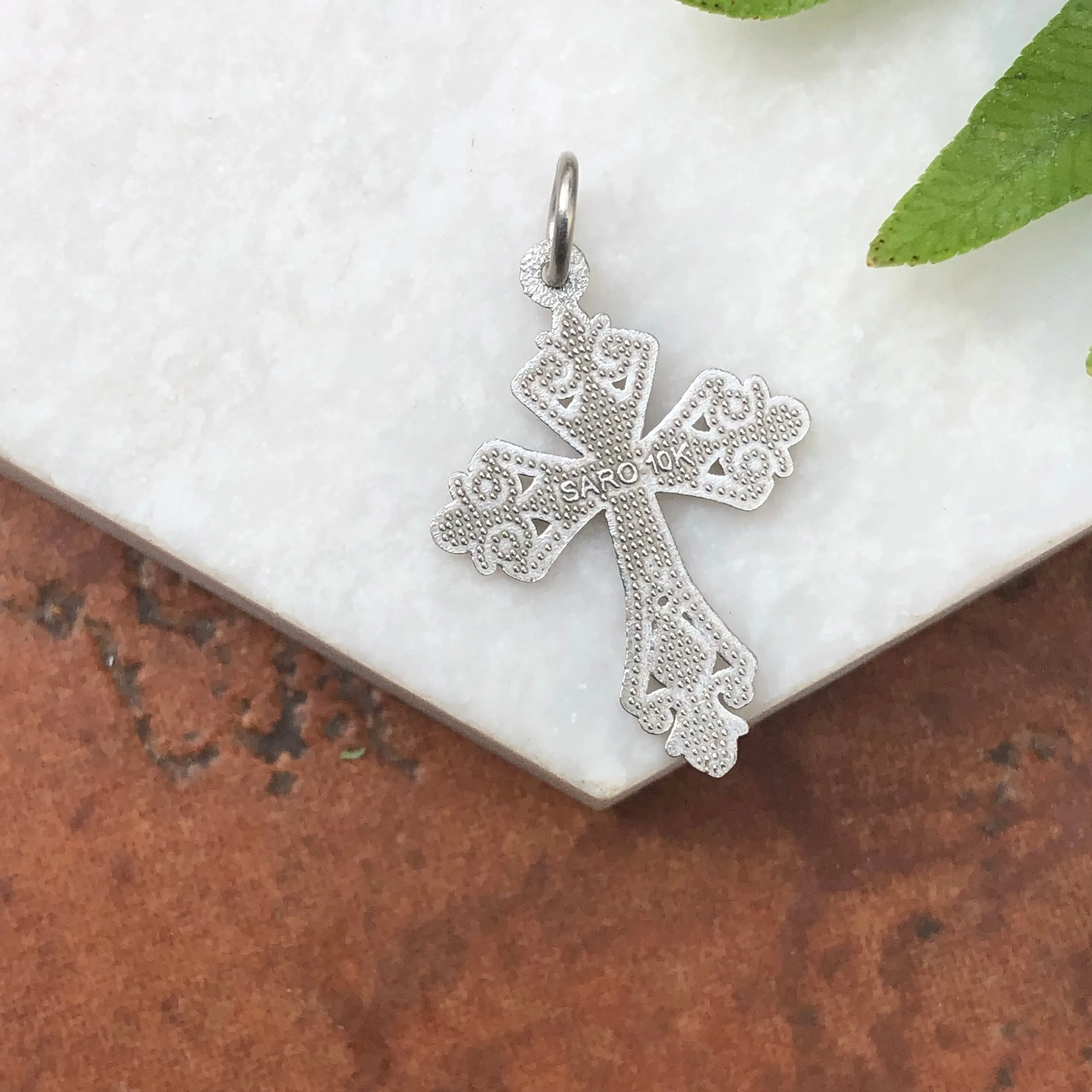 10KT White Gold Diamond-Cut Detailed Cross Charm Pendant
