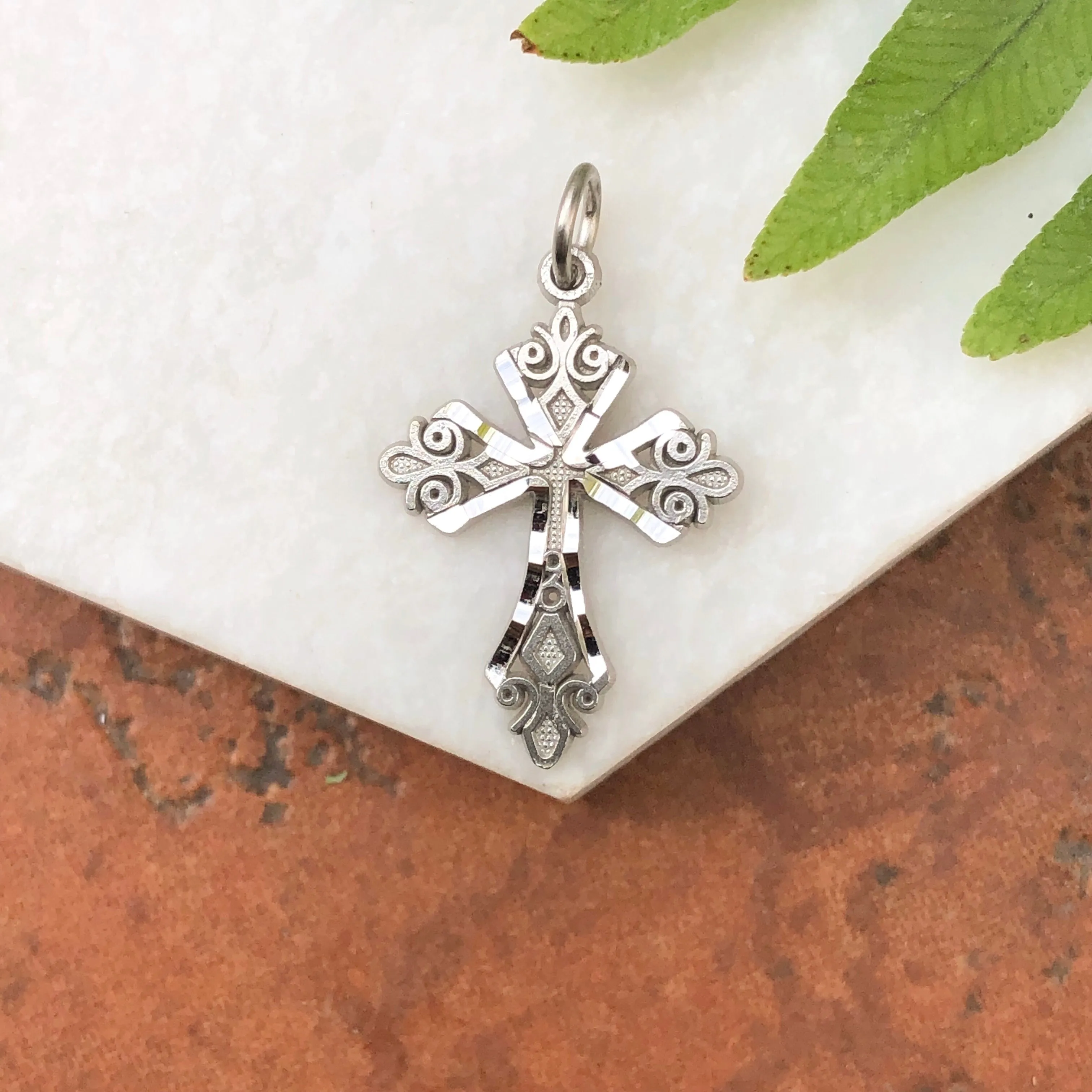 10KT White Gold Diamond-Cut Detailed Cross Charm Pendant