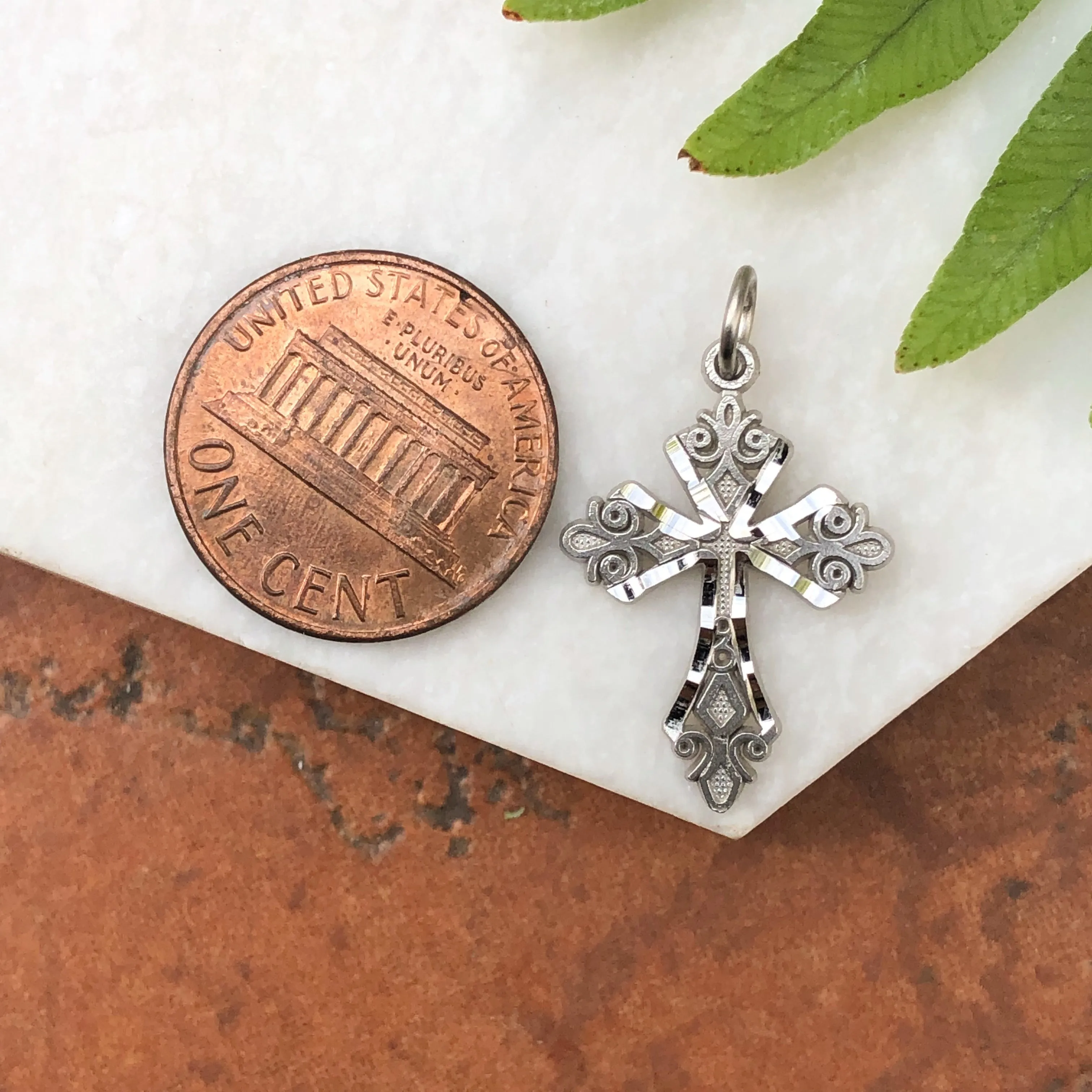 10KT White Gold Diamond-Cut Detailed Cross Charm Pendant