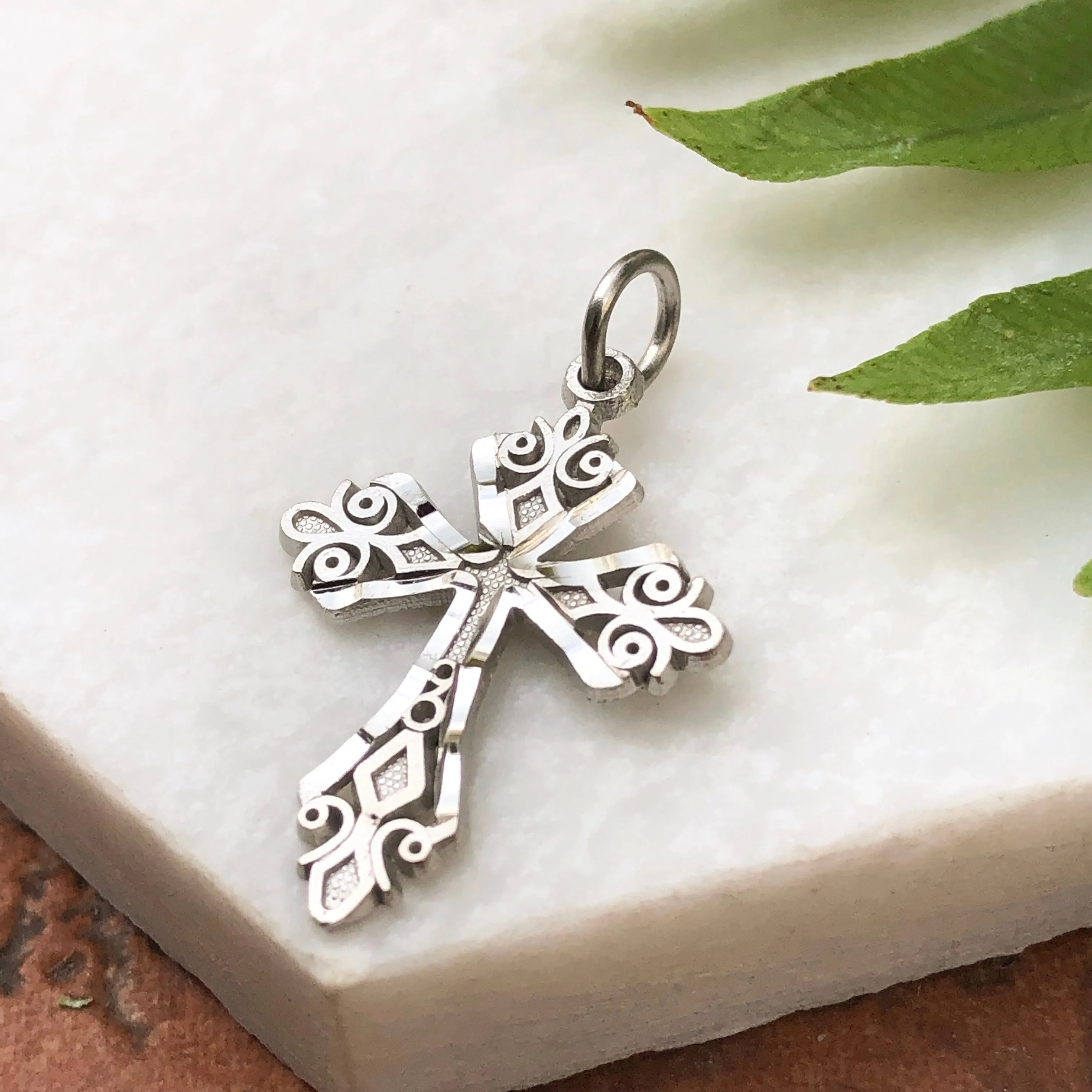 10KT White Gold Diamond-Cut Detailed Cross Charm Pendant