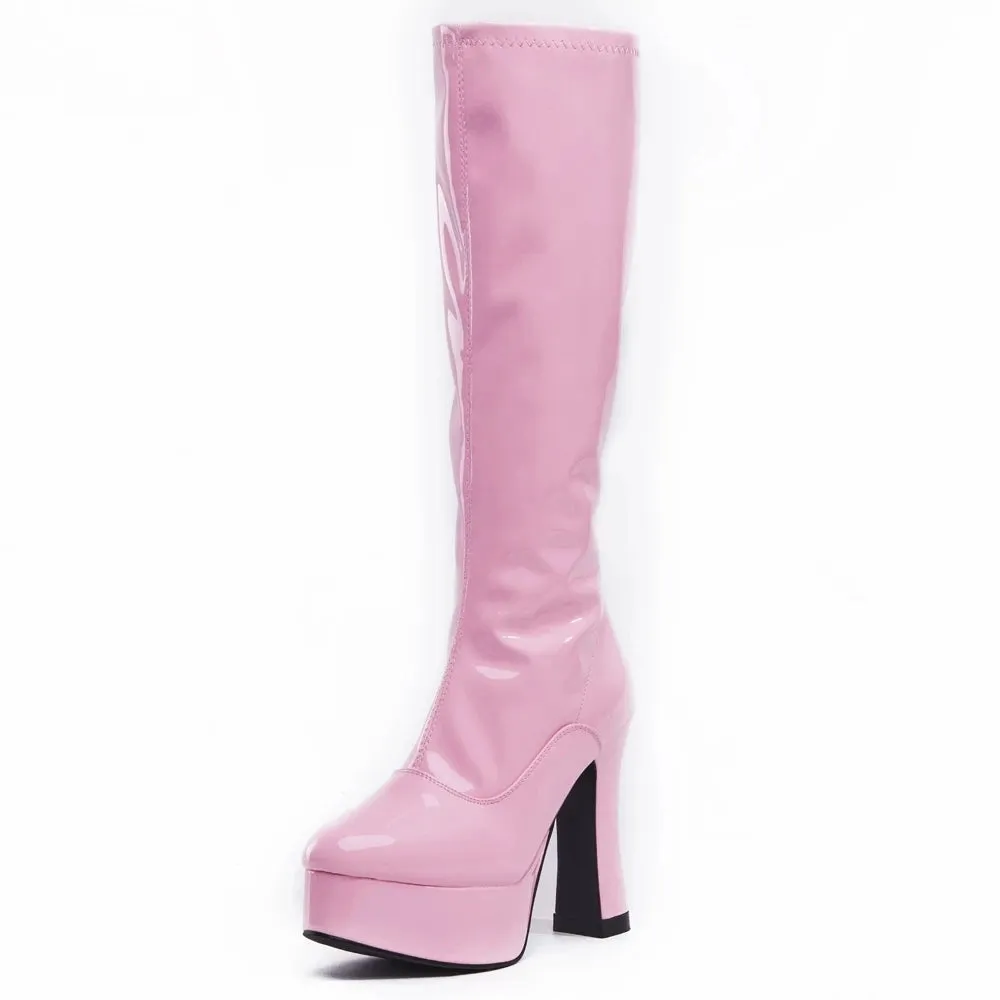 12CM High Ckunky Heel Platform Zip Patent Leather Retro Sweet Ladies Club Cosplay Boots
