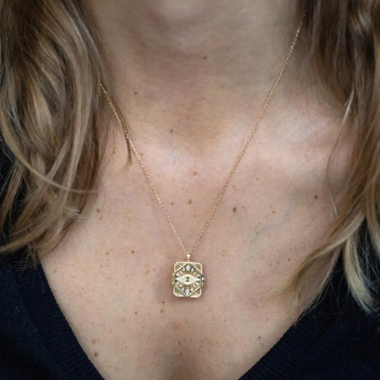 14K Gold "Diamond & Key" Open Book Locket Necklace