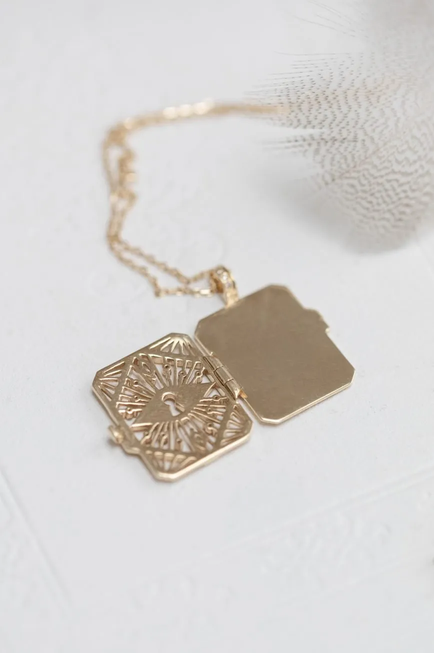 14K Gold "Diamond & Key" Open Book Locket Necklace
