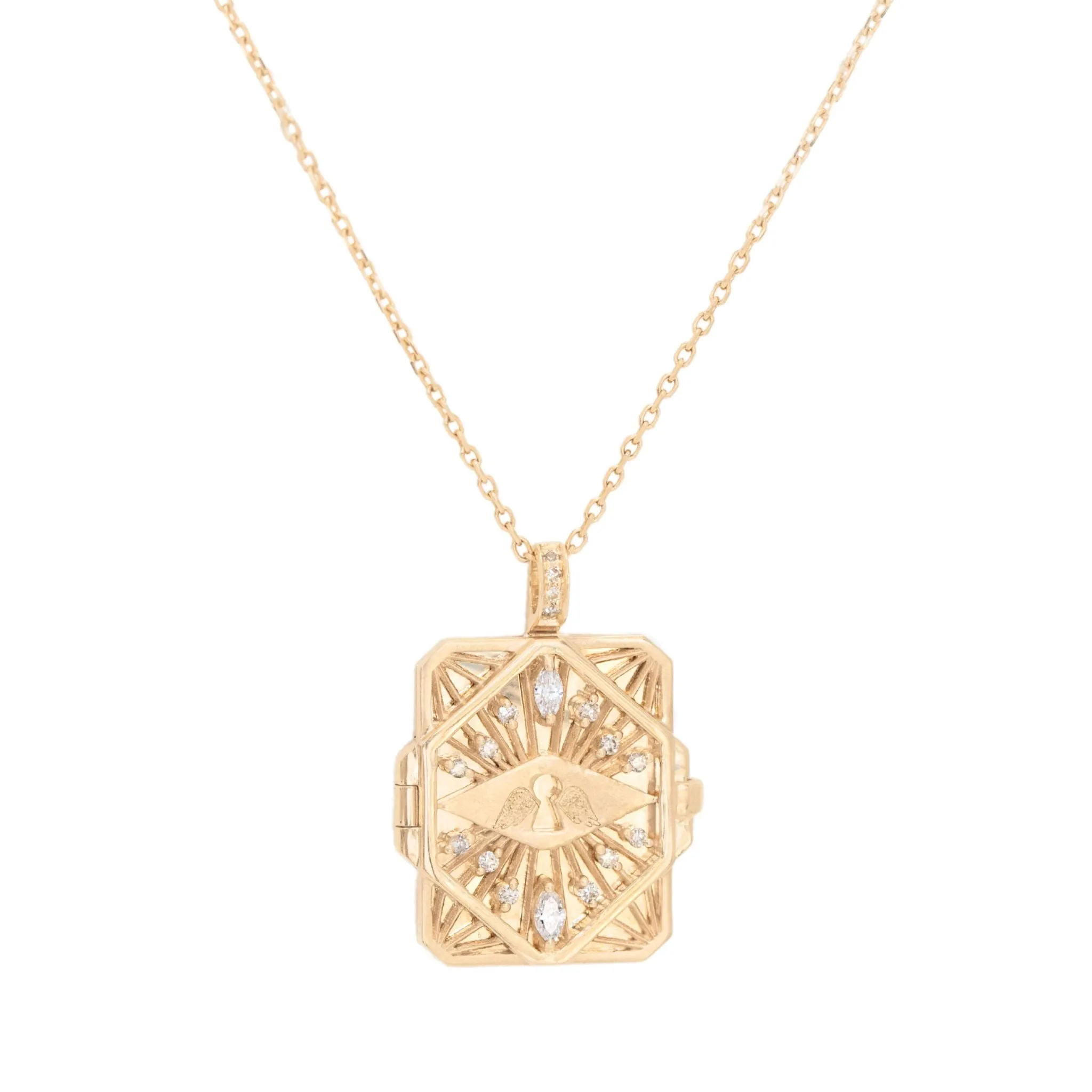 14K Gold "Diamond & Key" Open Book Locket Necklace