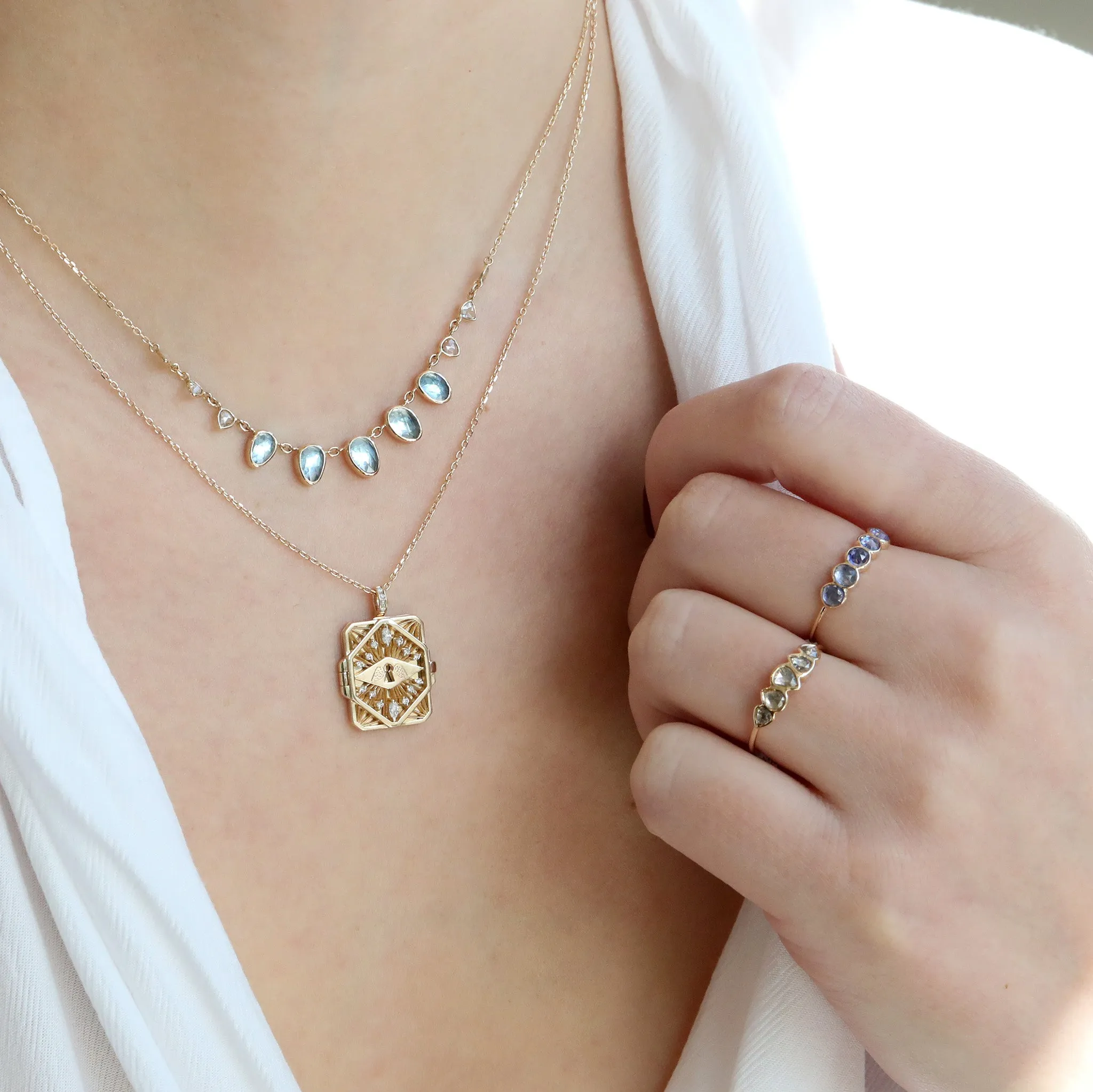 14K Gold "Diamond & Key" Open Book Locket Necklace