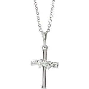 14K White .06 CTW Diamond Cluster Cross 16-18" Necklace
