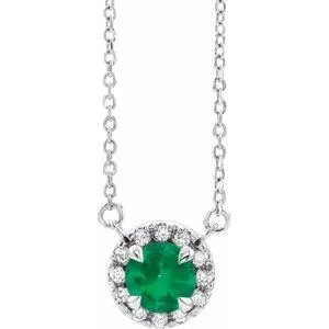 14K White 4.5 mm Natural Emerald & .05 CTW Natural Diamond 18" Necklace