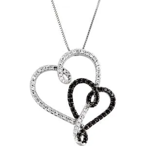 14K White & Black Rhodium Plated 1/2 CTW Black & White Diamond Double Heart 18" Necklace