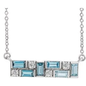 14K White Blue Multi-Gemstone & 1/8 CTW Diamond Bar 18" Necklace