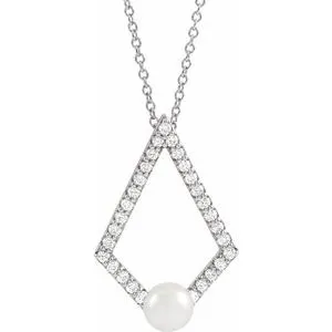 14K White Freshwater Cultured Pearl & 1/4 CTW Diamond Geometric 16-18" Necklace