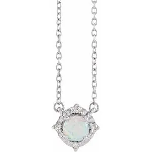 14K White Lab-Grown White Opal & .04 CTW Natural Diamond Halo-Style 18" Necklace
