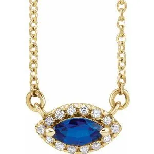 14K Yellow Chatham® Lab-Created Blue Sapphire & .05 CTW Diamond Halo-Style 16" Necklace
