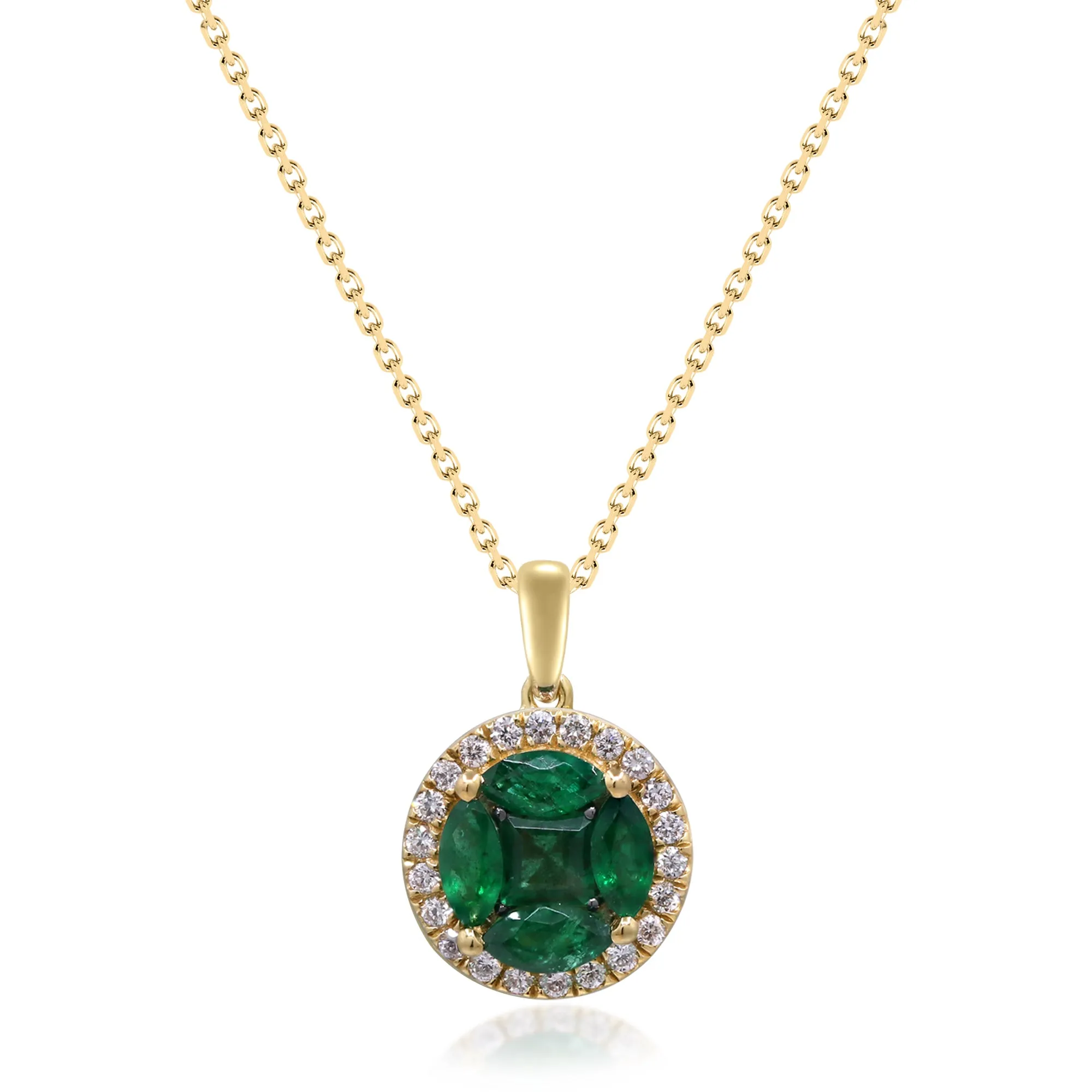 14k Yellow Gold Marquise Cut Emerald Cluster and Diamond Pendant Necklace