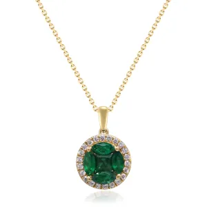 14k Yellow Gold Marquise Cut Emerald Cluster and Diamond Pendant Necklace