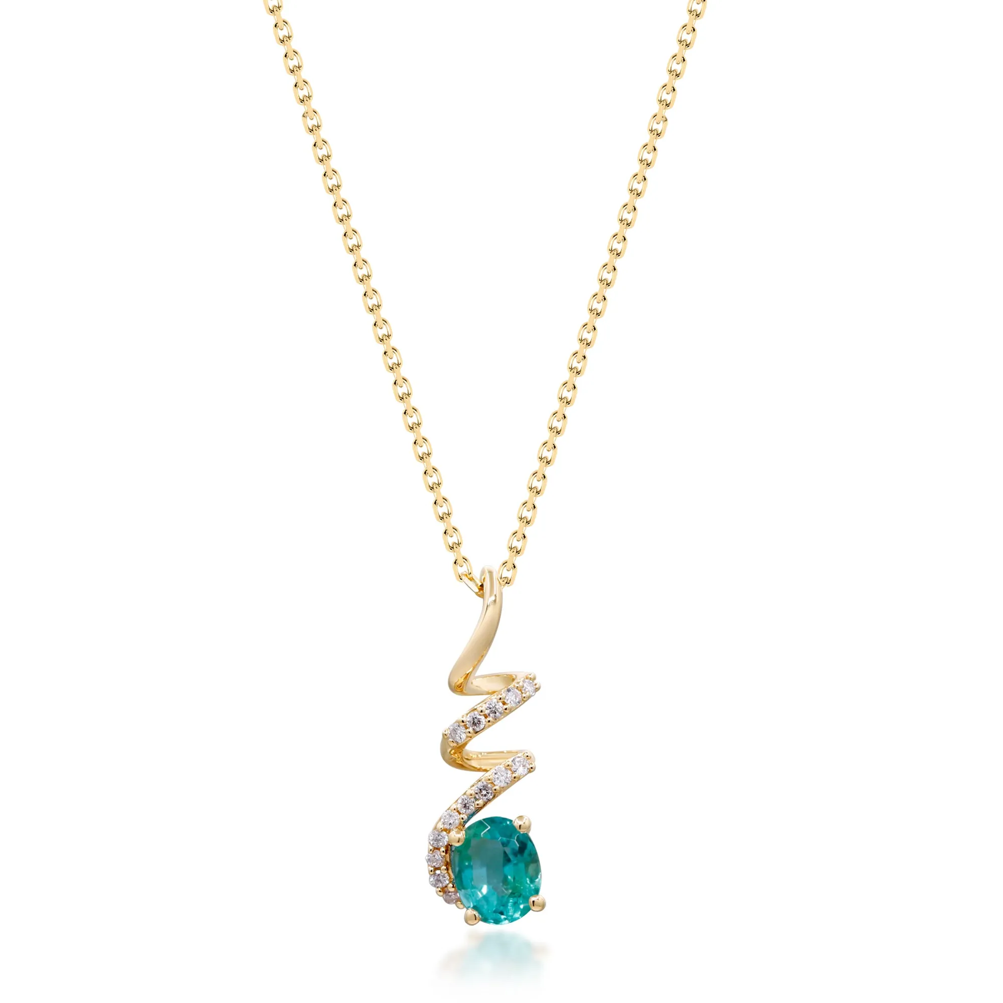 14k Yellow Gold Oval Cut Emerald and Spiral Diamond Necklace