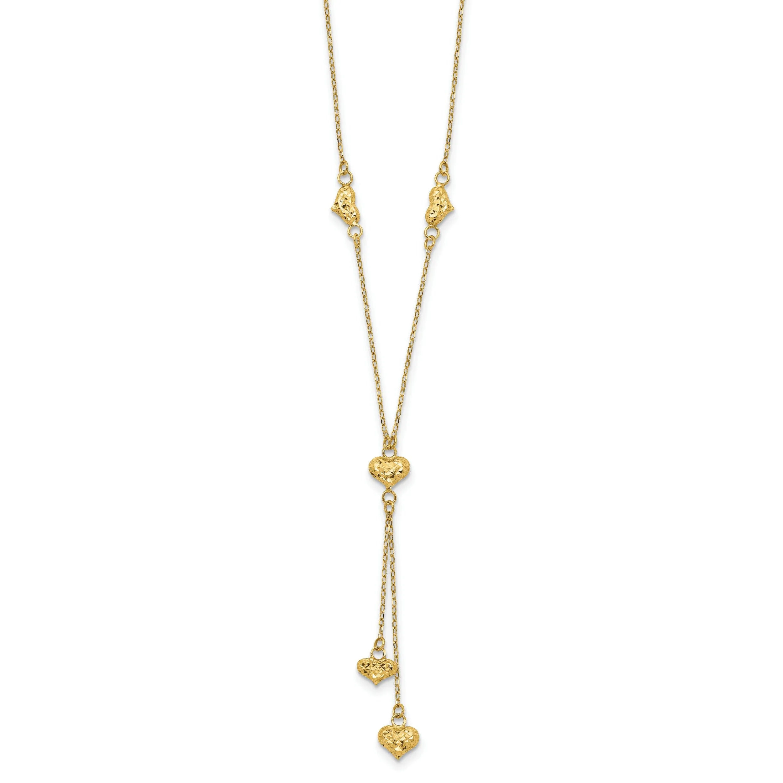 14k Yellow Gold Solid Polished Diamond Cut Finish Multi Puffed Hearts Design with 2-inch Ext 16-inch Cable Chain Necklace