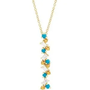 14K Yellow Honey Passion Topaz, Turquoise & 1/8 CTW Diamond Scattered Bar 16-18" Necklace