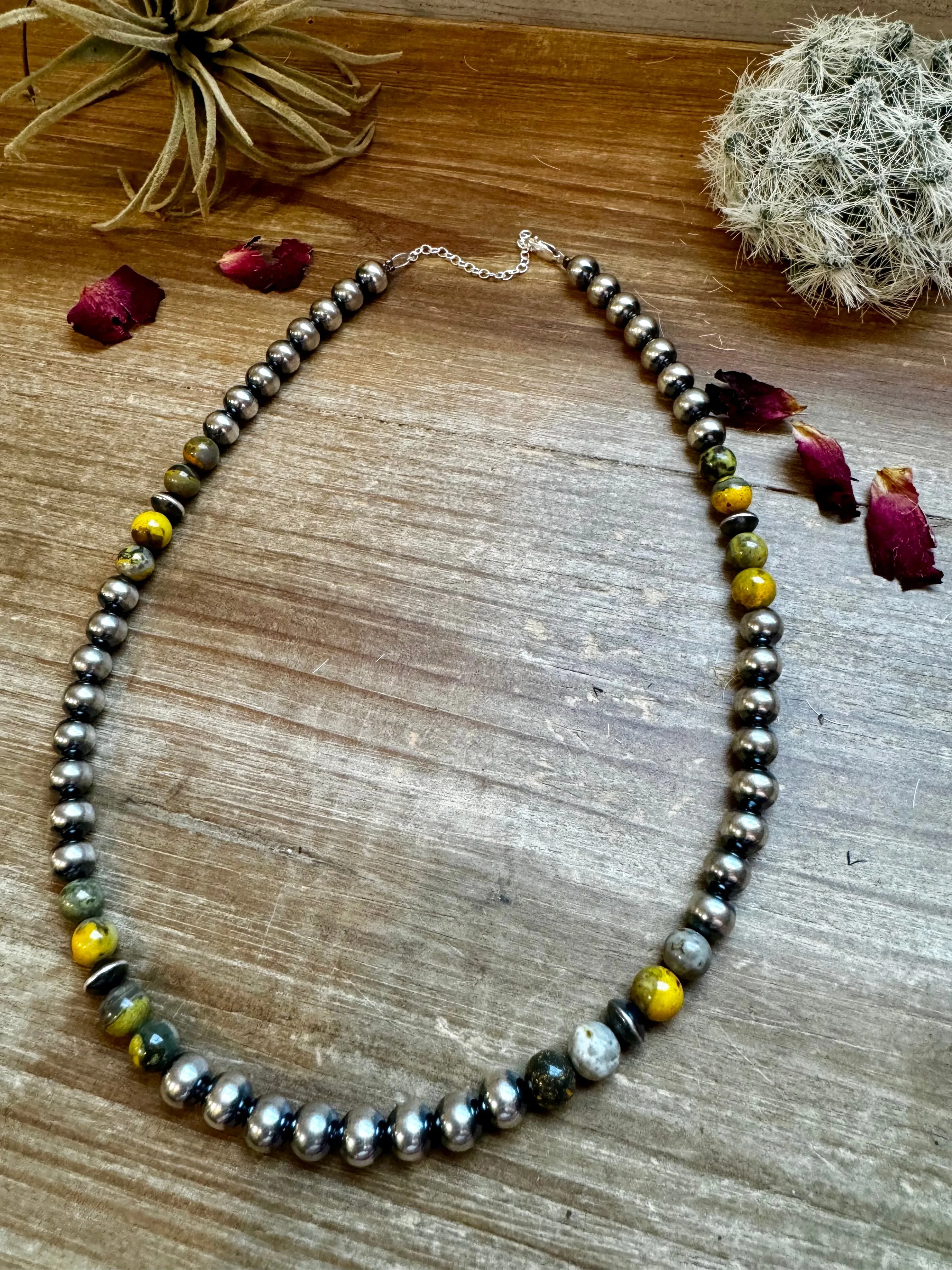 18 inch 8mm Sterling Silver Pearls Necklace and Bumblebee Jasper Beads