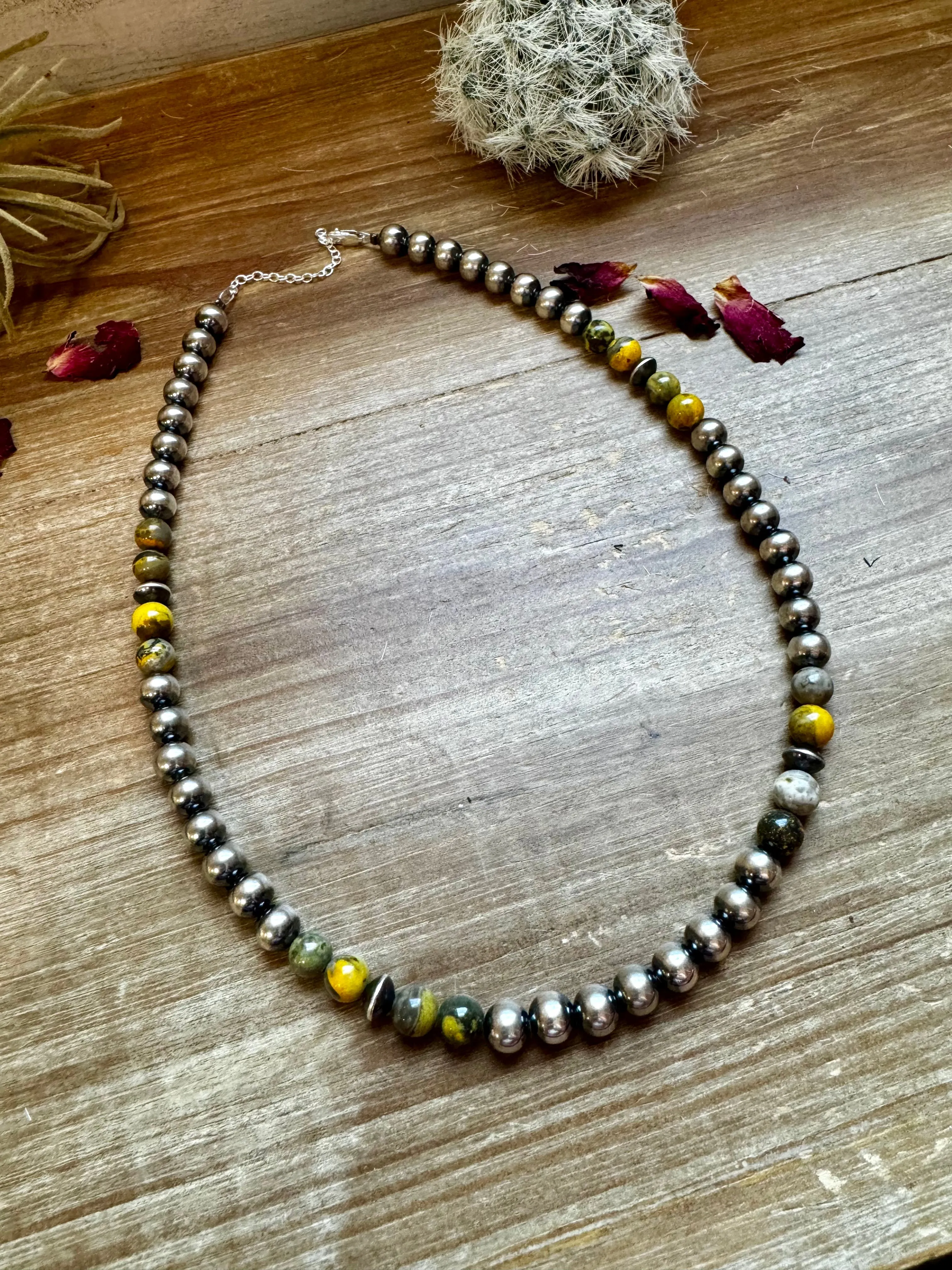 18 inch 8mm Sterling Silver Pearls Necklace and Bumblebee Jasper Beads