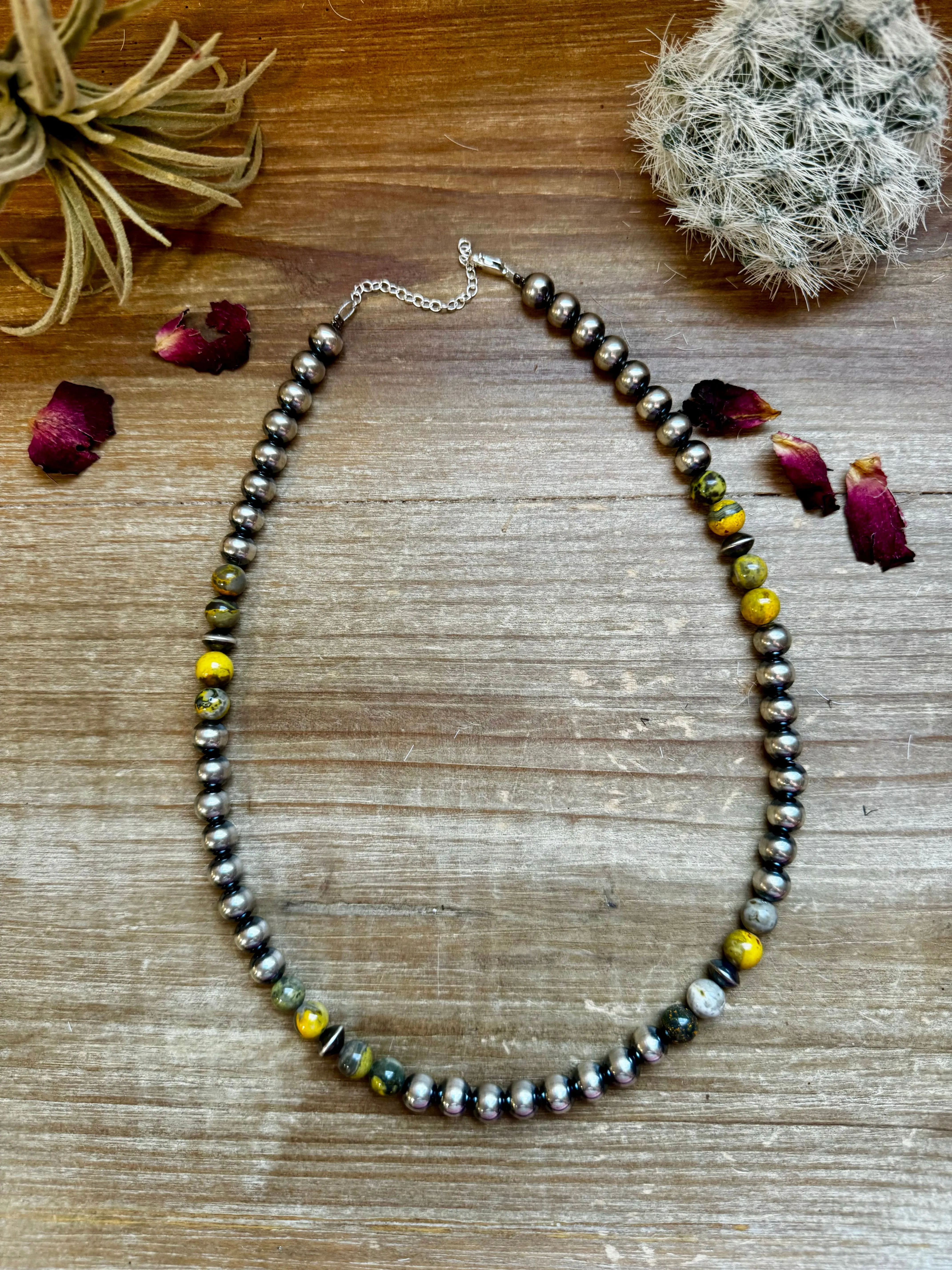 18 inch 8mm Sterling Silver Pearls Necklace and Bumblebee Jasper Beads