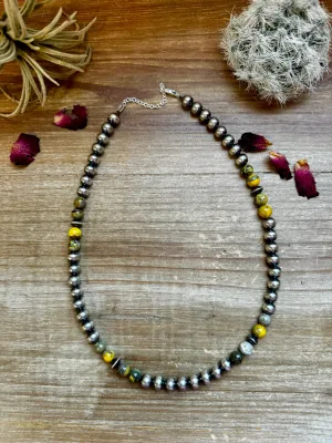 18 inch 8mm Sterling Silver Pearls Necklace and Bumblebee Jasper Beads