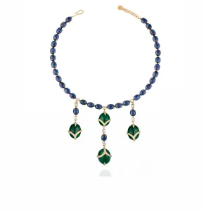 18k Yellow Gold Necklace with Emeralds Cabochon, Blue Sapphires Cabochon, and White Diamonds
