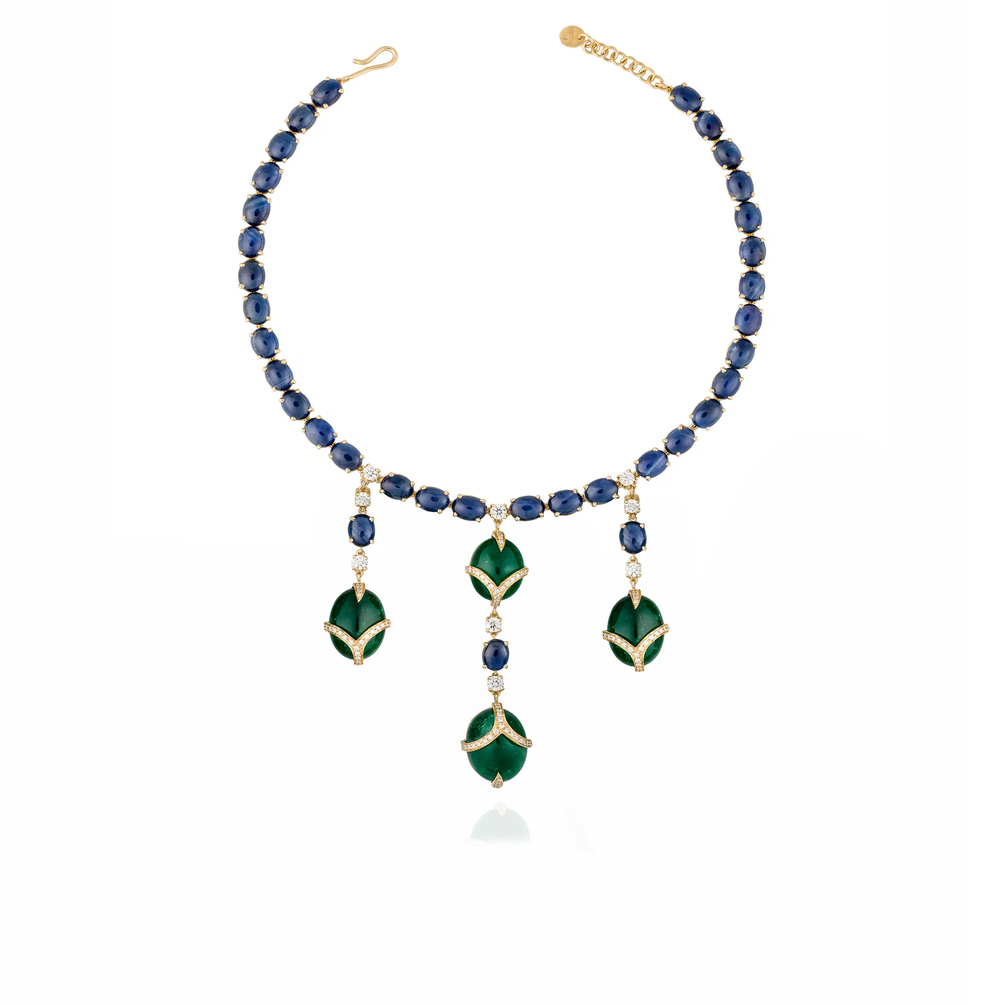 18k Yellow Gold Necklace with Emeralds Cabochon, Blue Sapphires Cabochon, and White Diamonds