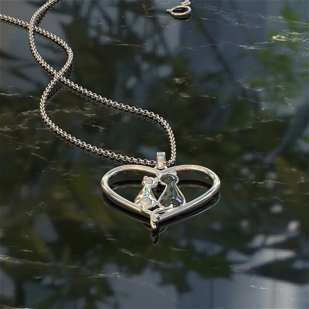 2 Cats on a Heart Necklace