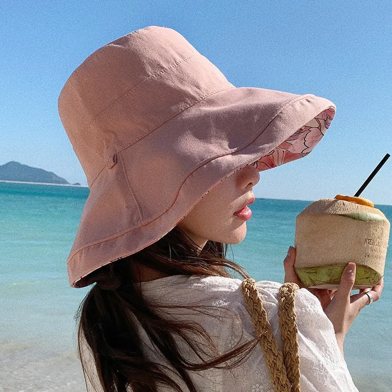2024 Spring Summer Print Reversible Sun Beach Hat Woman Girl Outdoor Travel Vacation Fisherman Cap Wide Brim 12.5cm Visor Hat