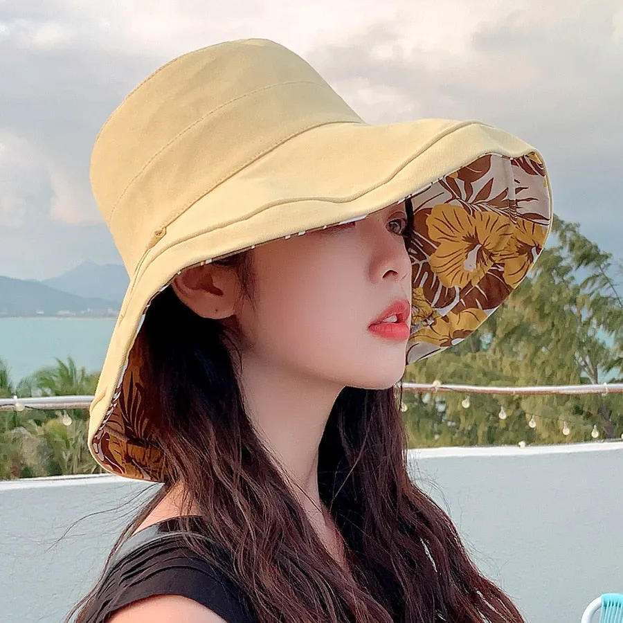2024 Spring Summer Print Reversible Sun Beach Hat Woman Girl Outdoor Travel Vacation Fisherman Cap Wide Brim 12.5cm Visor Hat