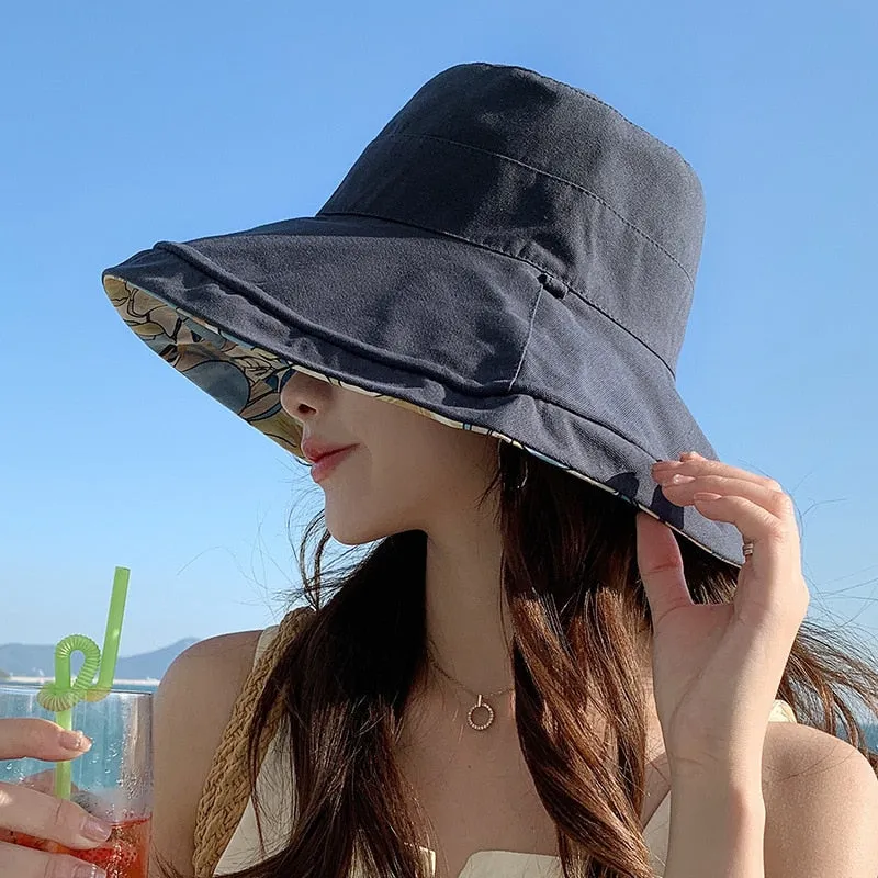 2024 Spring Summer Print Reversible Sun Beach Hat Woman Girl Outdoor Travel Vacation Fisherman Cap Wide Brim 12.5cm Visor Hat
