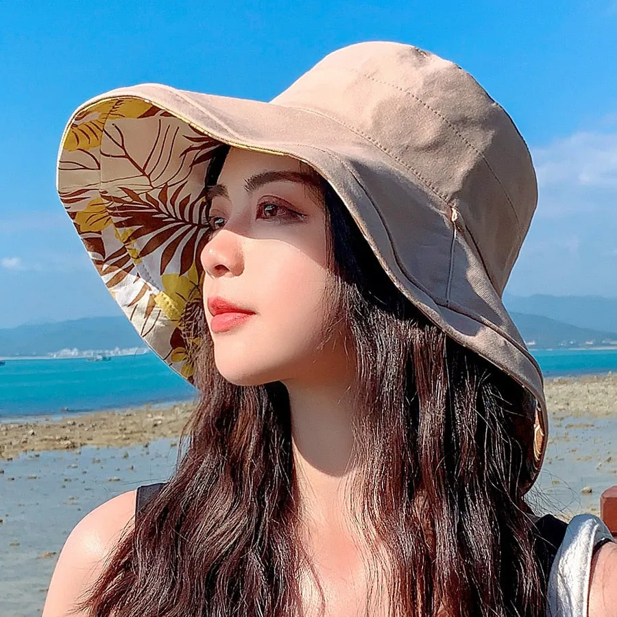 2024 Spring Summer Print Reversible Sun Beach Hat Woman Girl Outdoor Travel Vacation Fisherman Cap Wide Brim 12.5cm Visor Hat