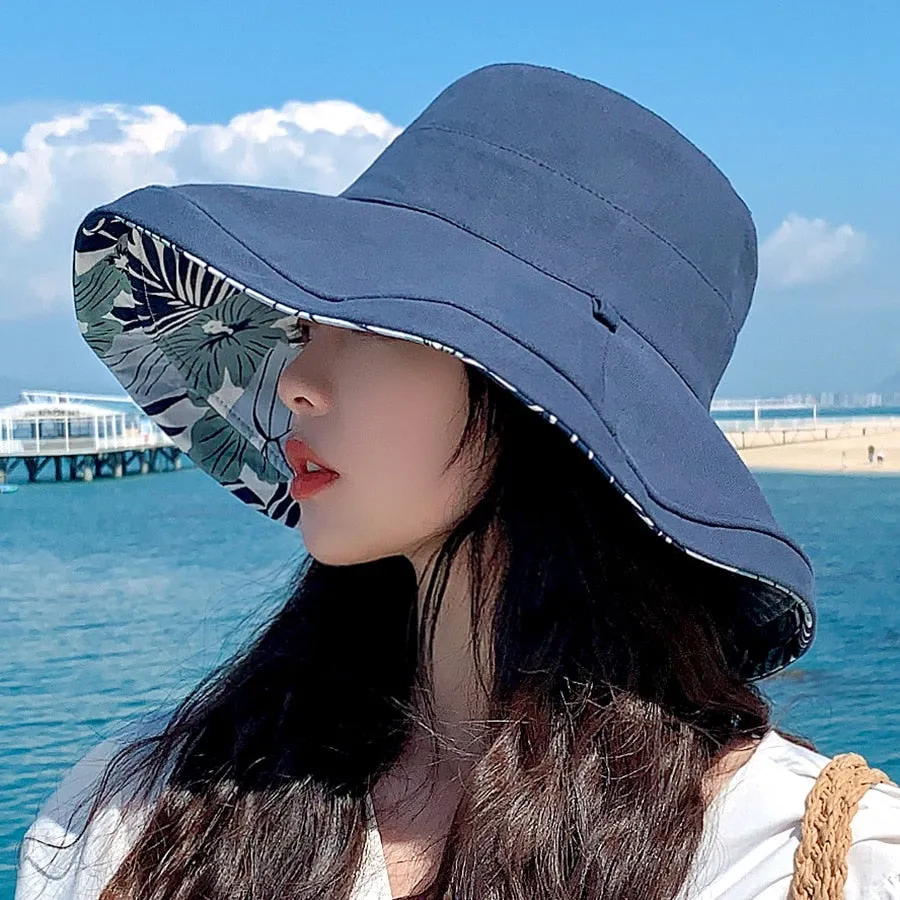 2024 Spring Summer Print Reversible Sun Beach Hat Woman Girl Outdoor Travel Vacation Fisherman Cap Wide Brim 12.5cm Visor Hat