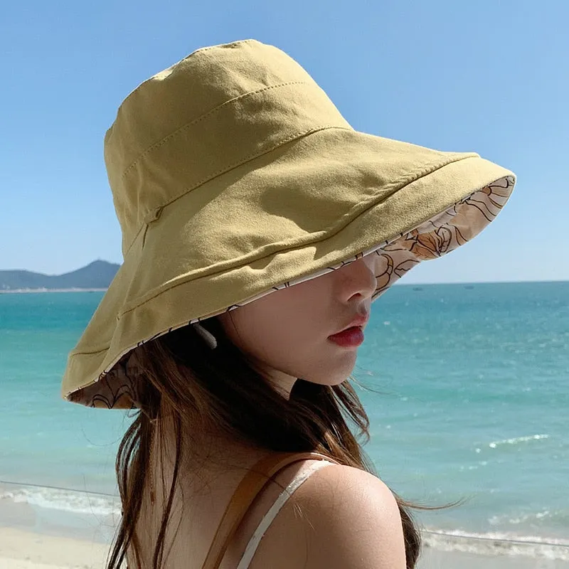 2024 Spring Summer Print Reversible Sun Beach Hat Woman Girl Outdoor Travel Vacation Fisherman Cap Wide Brim 12.5cm Visor Hat