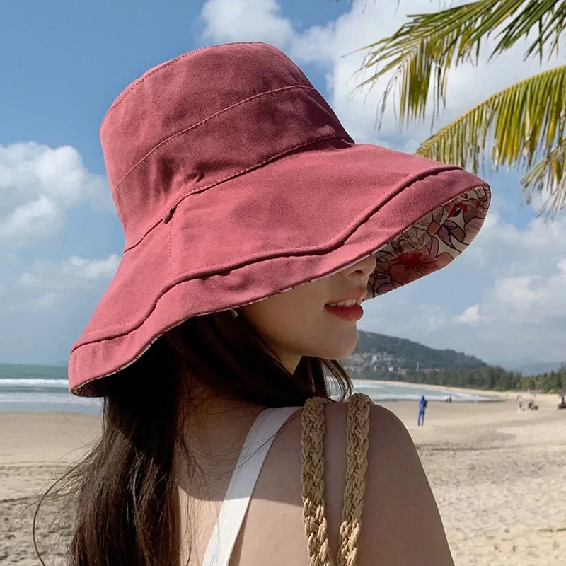 2024 Spring Summer Print Reversible Sun Beach Hat Woman Girl Outdoor Travel Vacation Fisherman Cap Wide Brim 12.5cm Visor Hat