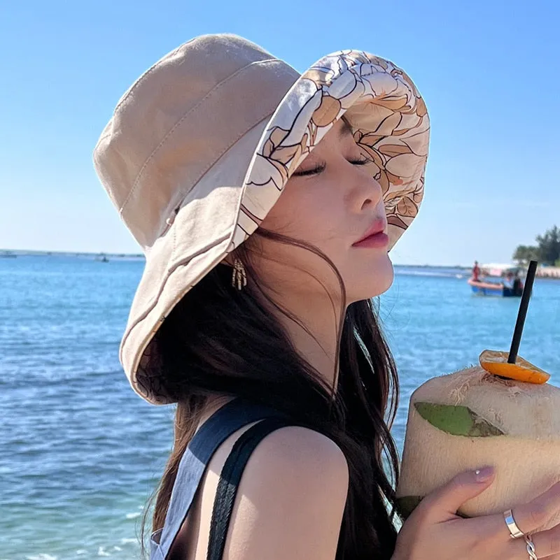 2024 Spring Summer Print Reversible Sun Beach Hat Woman Girl Outdoor Travel Vacation Fisherman Cap Wide Brim 12.5cm Visor Hat