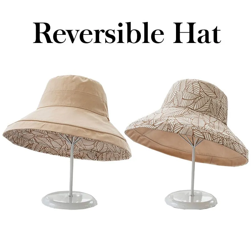 2024 Spring Summer Print Reversible Sun Beach Hat Woman Girl Outdoor Travel Vacation Fisherman Cap Wide Brim 12.5cm Visor Hat