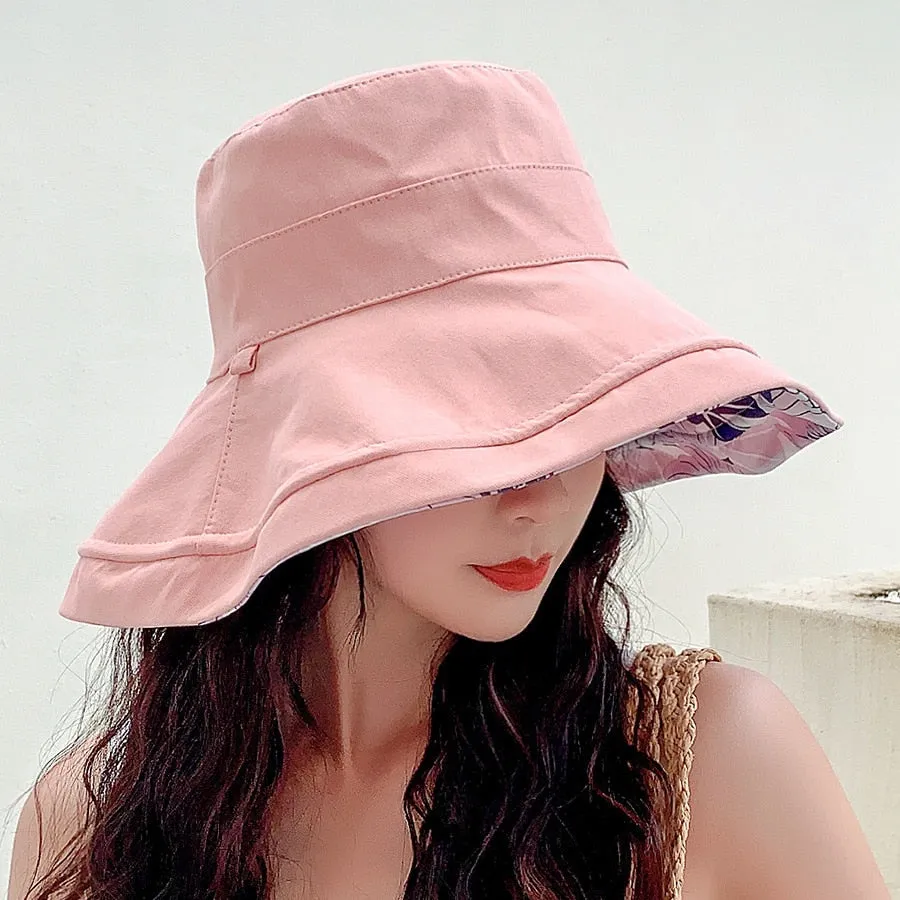 2024 Spring Summer Print Reversible Sun Beach Hat Woman Girl Outdoor Travel Vacation Fisherman Cap Wide Brim 12.5cm Visor Hat