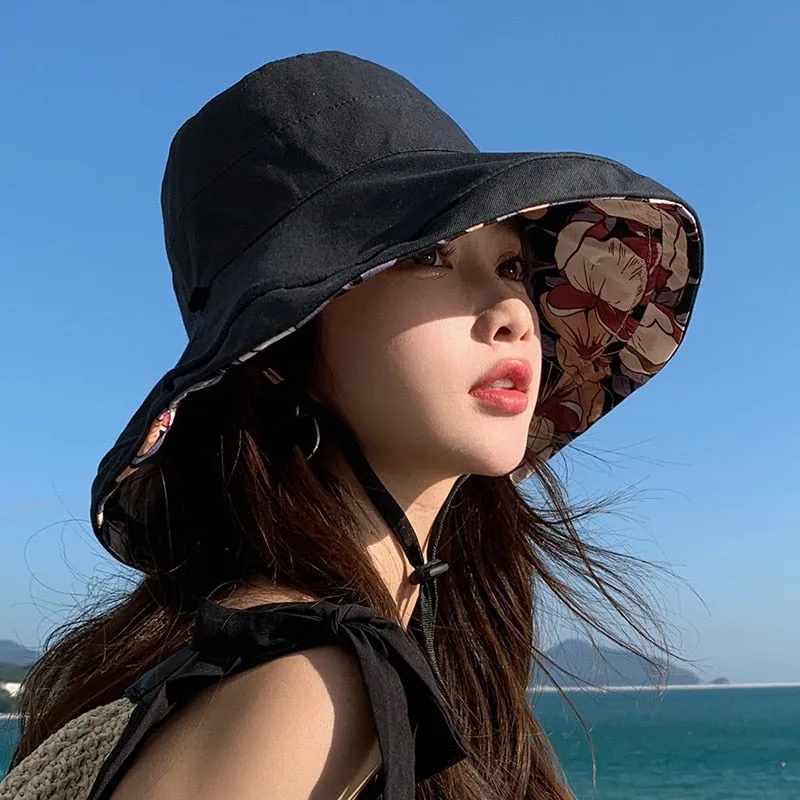 2024 Spring Summer Print Reversible Sun Beach Hat Woman Girl Outdoor Travel Vacation Fisherman Cap Wide Brim 12.5cm Visor Hat