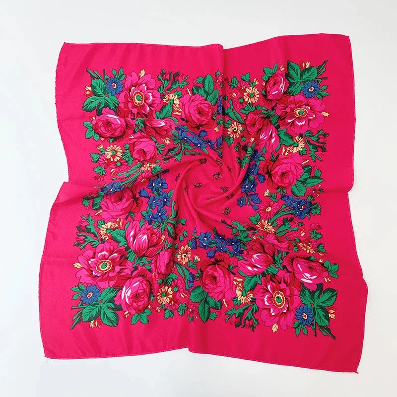 70*70cm Luxury Flowers Square Russian Scarf Women Floral Printed Shawl Female Bandana Head Wrap Headband Scarves Handkerchief