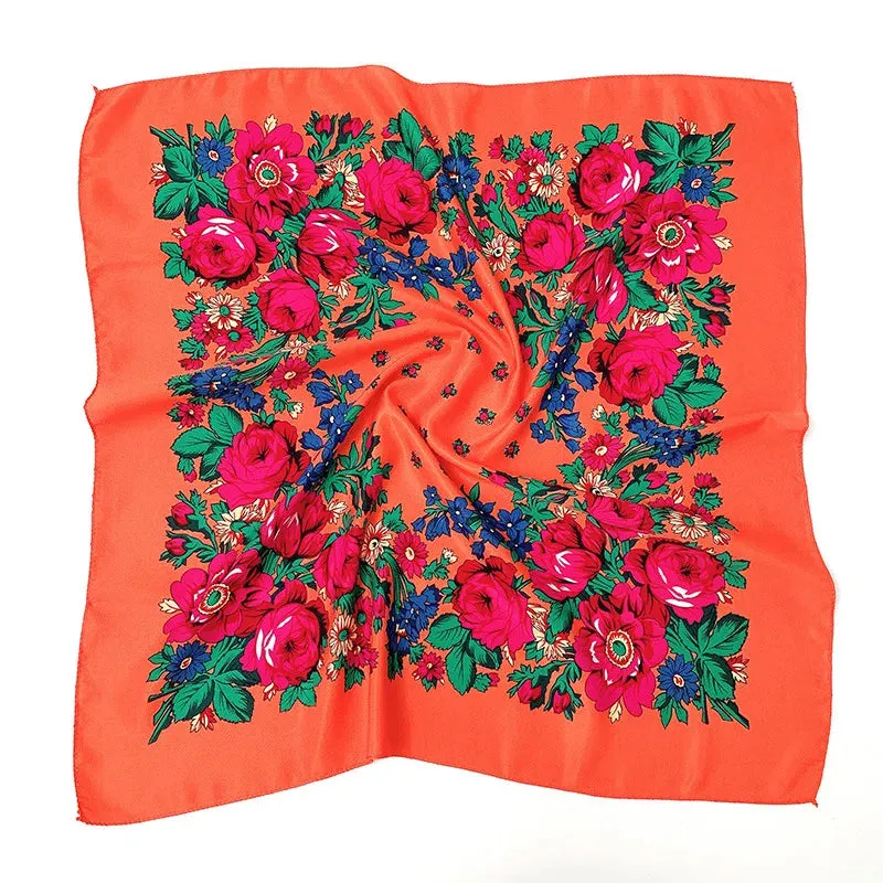 70*70cm Luxury Flowers Square Russian Scarf Women Floral Printed Shawl Female Bandana Head Wrap Headband Scarves Handkerchief