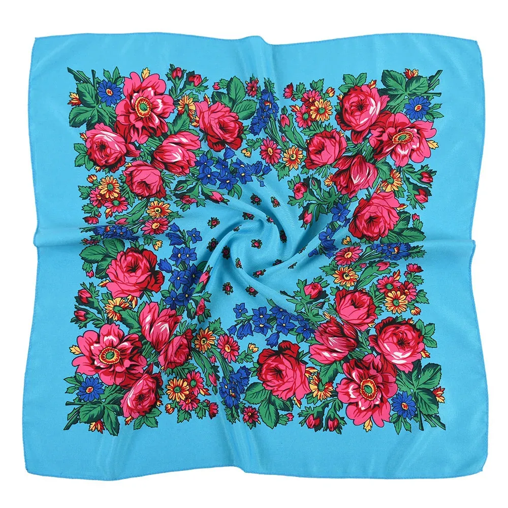 70*70cm Luxury Flowers Square Russian Scarf Women Floral Printed Shawl Female Bandana Head Wrap Headband Scarves Handkerchief