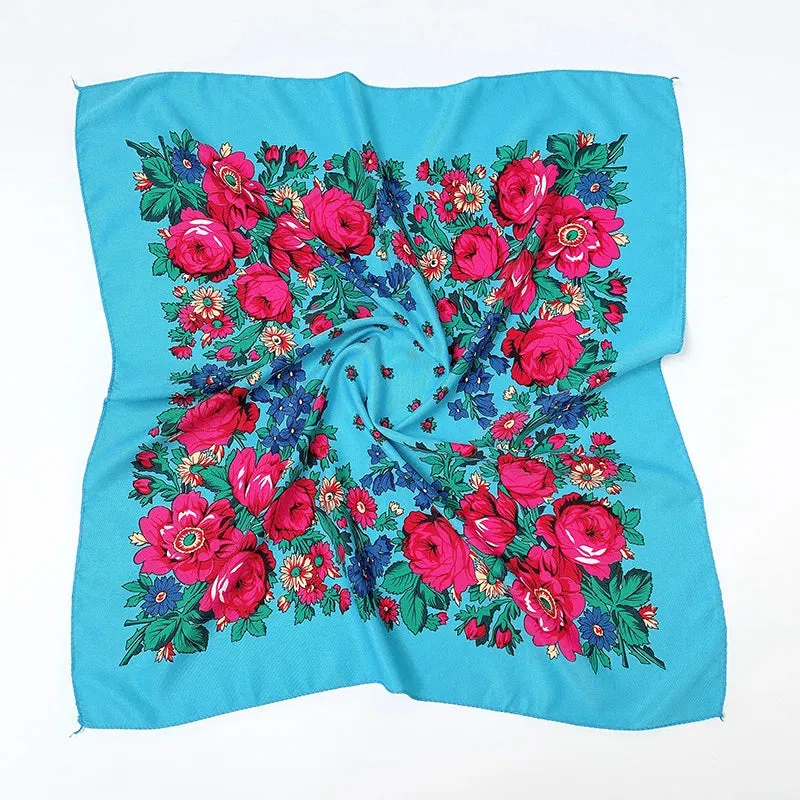 70*70cm Luxury Flowers Square Russian Scarf Women Floral Printed Shawl Female Bandana Head Wrap Headband Scarves Handkerchief