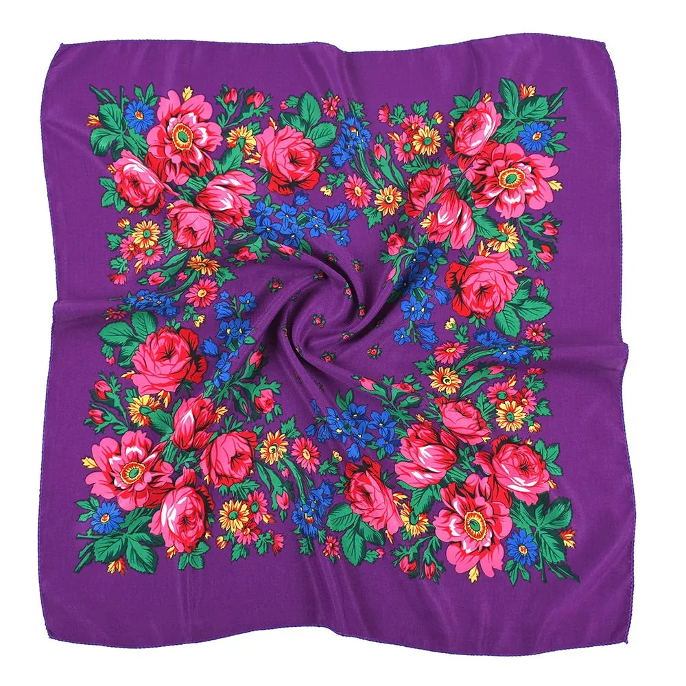 70*70cm Luxury Flowers Square Russian Scarf Women Floral Printed Shawl Female Bandana Head Wrap Headband Scarves Handkerchief