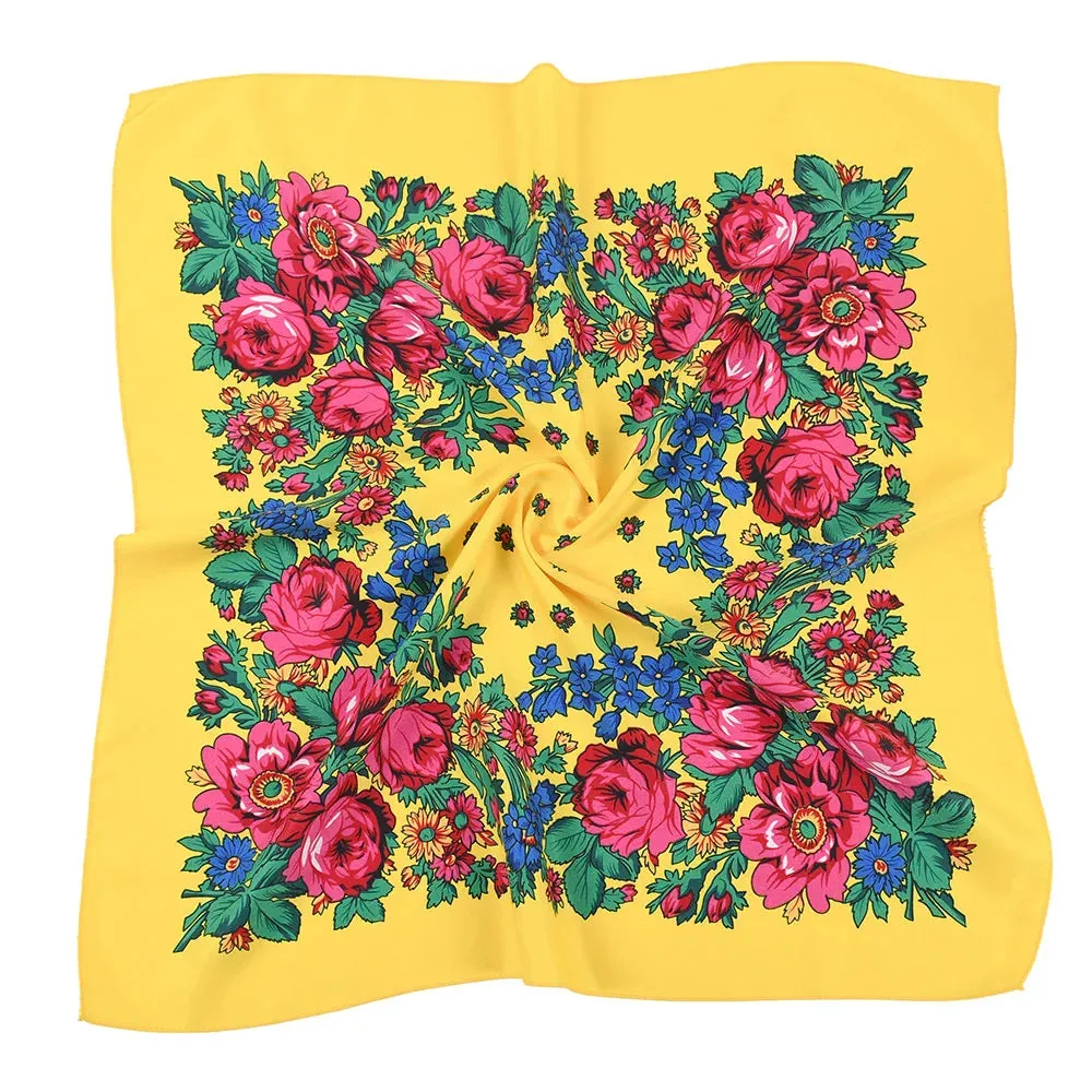 70*70cm Luxury Flowers Square Russian Scarf Women Floral Printed Shawl Female Bandana Head Wrap Headband Scarves Handkerchief