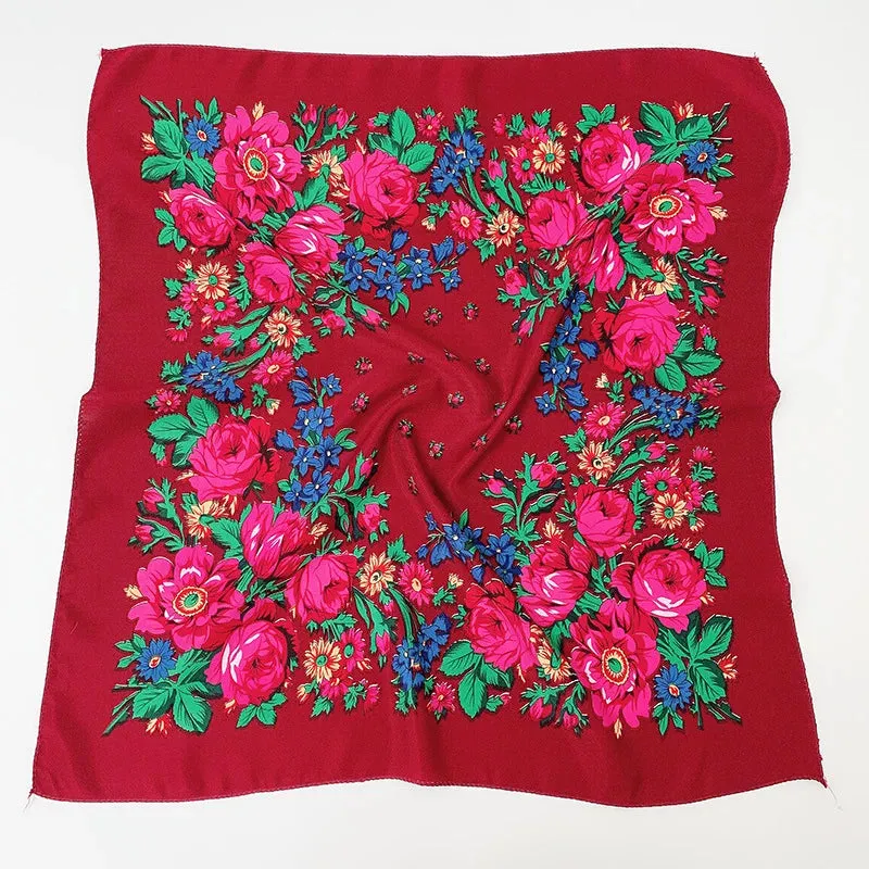 70*70cm Luxury Flowers Square Russian Scarf Women Floral Printed Shawl Female Bandana Head Wrap Headband Scarves Handkerchief